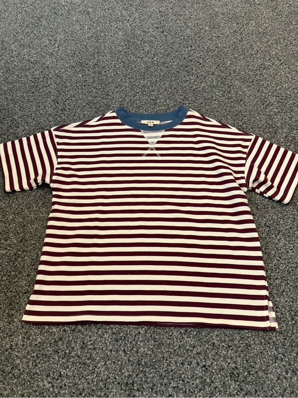 J.O.A. Burgundy and White Striped Short Sleeve Tee with Blue Neckline